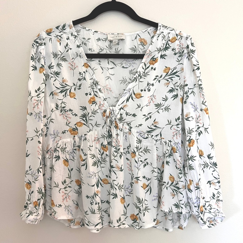 Lucky Brand Floral Tie Front Peplum Top Boho Spring Long Sleeve Small